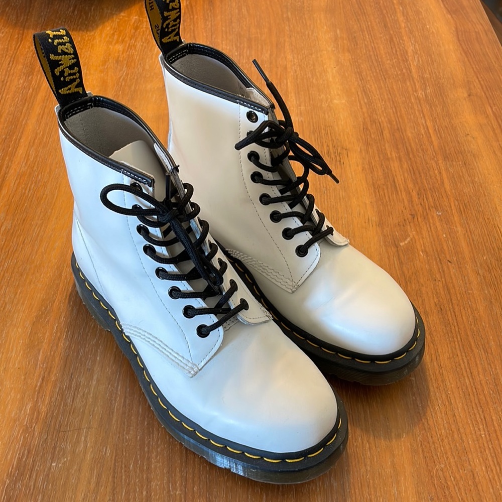 Dr. Martens White Leather Combat Boots with Black Laces